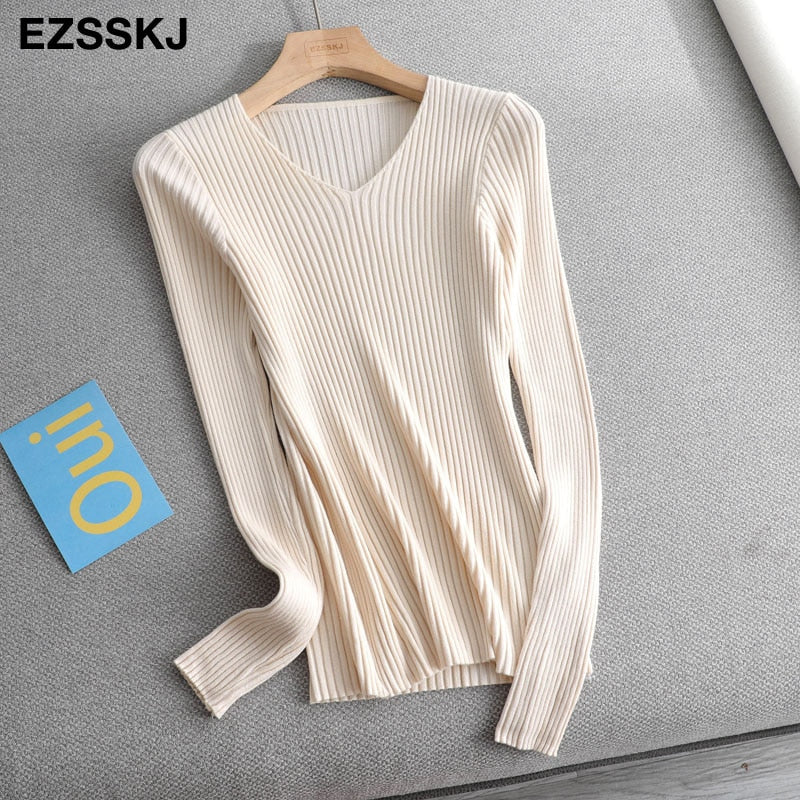 Christmas Gift Deanwangkt basic v-neck solid autumn winter Sweater Pullover Women Female Knitted sweater slim long sleeve badycon sweater cheap - Deanwangkt