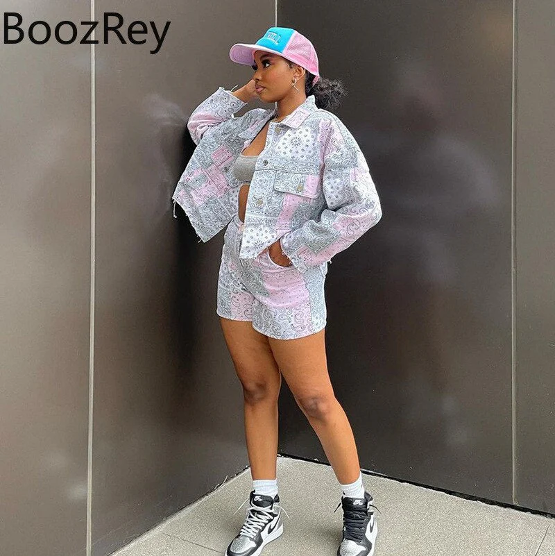 BoozRey Women Fall shorts sets Casual Fashion Printed Y2k Womens Jacket Long Sleeve Top Short Pants two piece set plus size sets - Deanwangkt