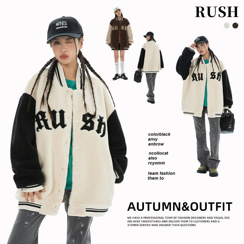 Black Friday Sales Women Parker Fashion Baseball Jacket Jacket Autumn Winter American Embroidered Imitation Lamb Wool Couple's Cotton Jacket - Deanwangkt