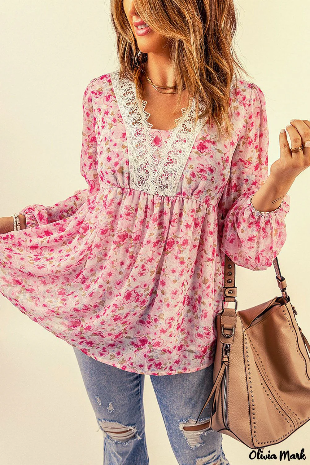 Deanwangkt - Pink Floral Print Lace Patchwork V-Neck Blouse - Deanwangkt