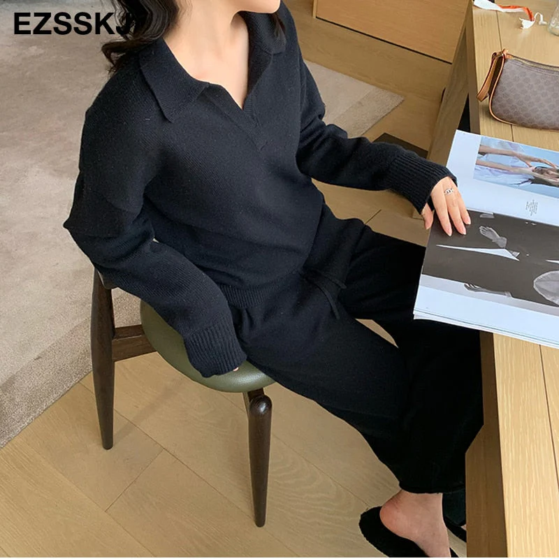 Christmas Gift 2 Pieces Set Women oversize Tracksuit polo collar Sweater Pullover straight pants Sweater Set CHIC Knitted Outwear sweater suit - Deanwangkt