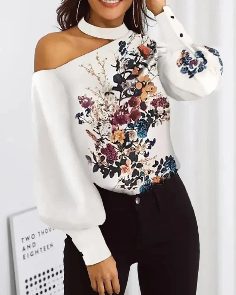 Deanwangkt - One Shoulder Floral Print Lantern Sleeve Top - Deanwangkt