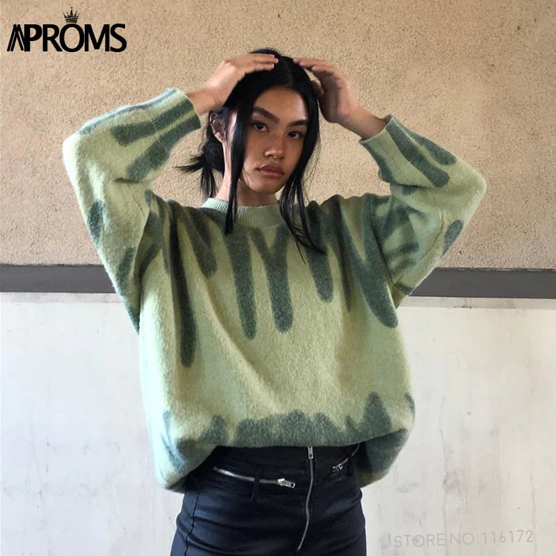 Christmas Gift Aproms Elegant Green Striped Print Oversized Pullovers Women Winter O-Neck Loose Long Sweaters Streetwear Warm Outerwear Deanwangkt - Deanwangkt