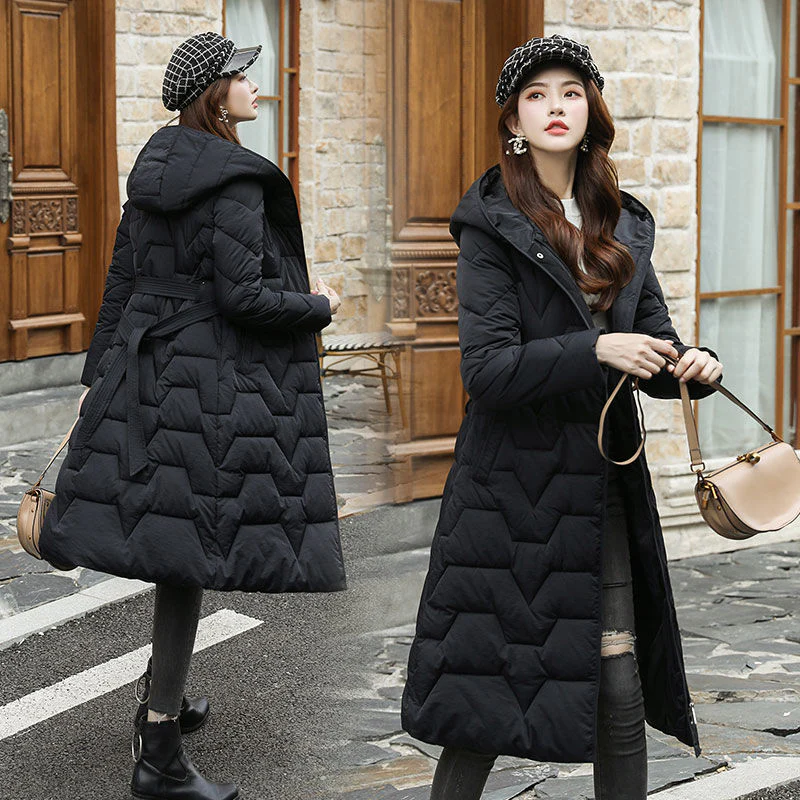 Christmas Gift  Winter Hooded Long Women Parkas Jacket Slim Warm Casual Elegant Office Ladies Parkas Thicken Basic Belt Zipper Coats - Deanwangkt