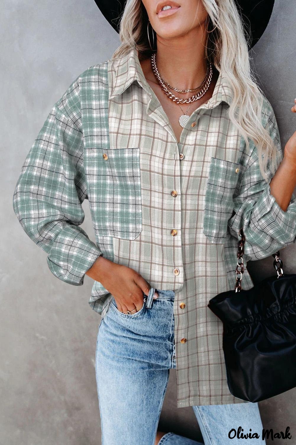 Deanwangkt - Pink Plaid Button Down Long Sleeve Shirt With Color Block Pocket - Deanwangkt