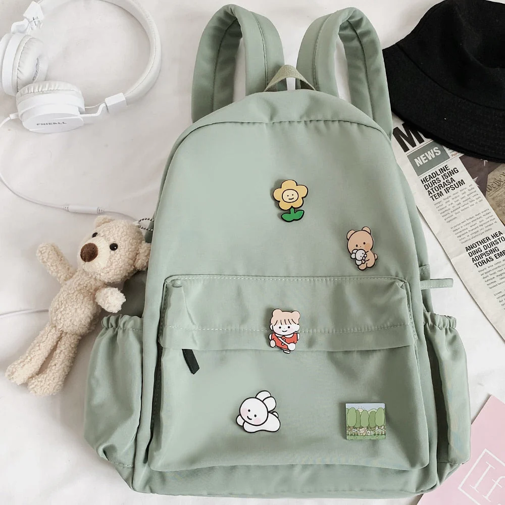 Women Nylon Cute Backpack Bear Female Student College School Bag Badge Girl Doll Backpack Kawaii Book Ladies Fashion Bags Trendy - Deanwangkt