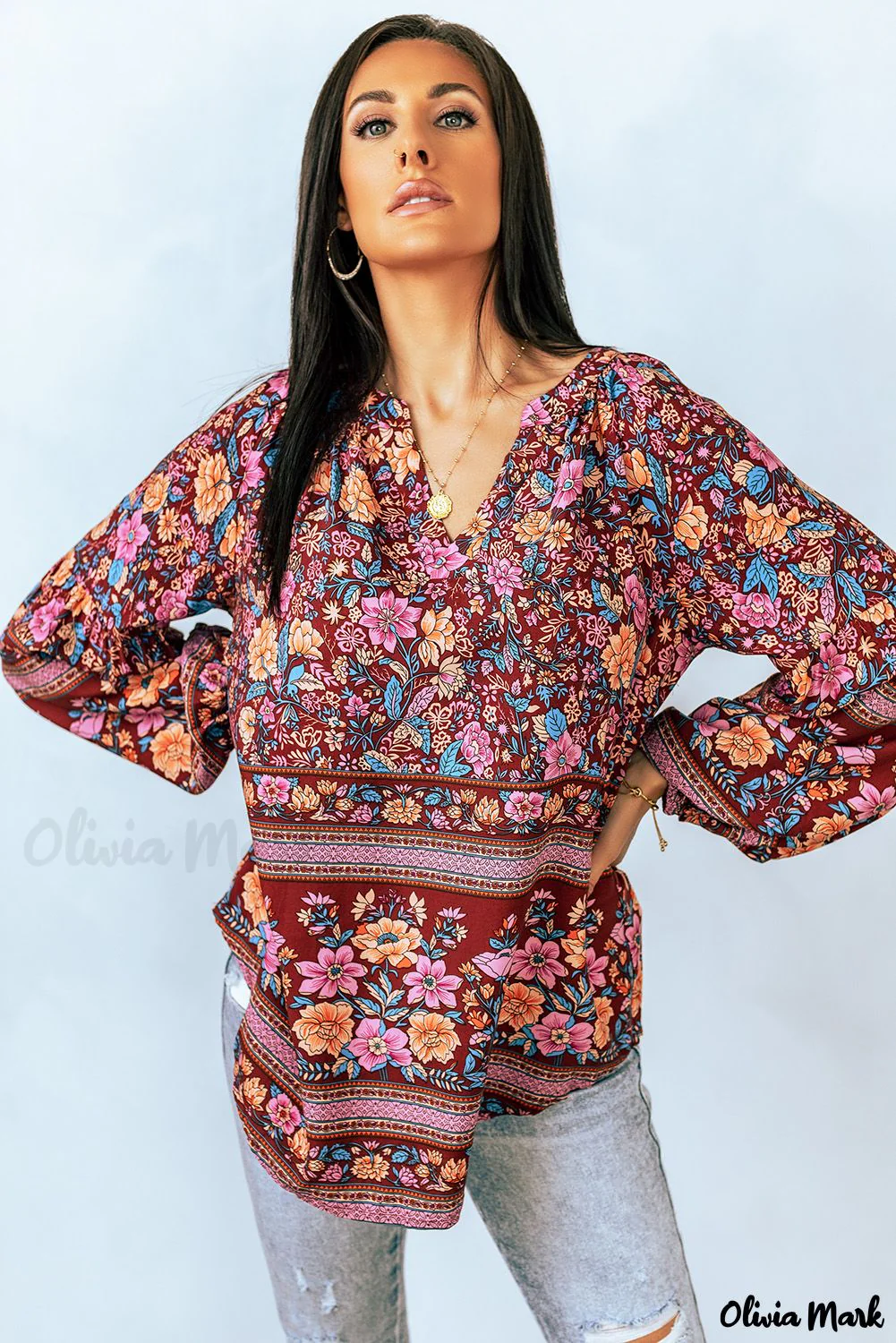Deanwangkt - Floral Print V-Neck Long Sleeve Blouse - Deanwangkt