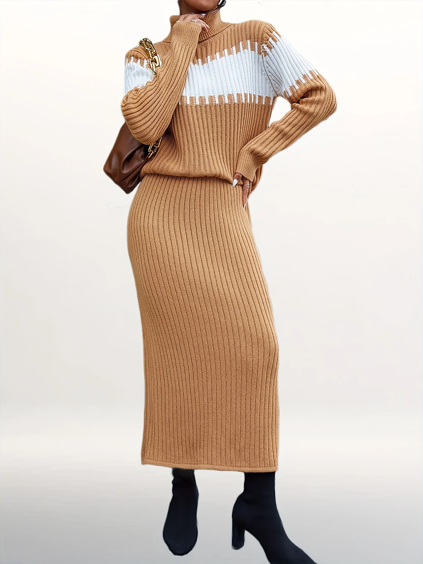 deanwangkt-1  Ribbed Elegant Two-piece Set, Color Block Turtleneck Sweater & Solid Long Length Skirts Outfits, Women's Clothing - Deanwangkt