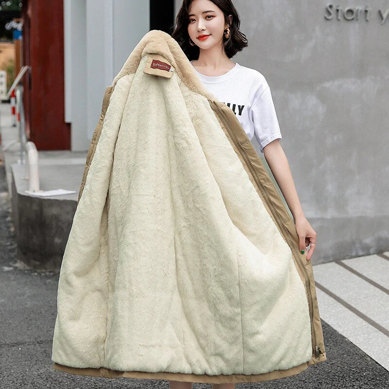 Christmas Gift Deanwangkt winter new cotton clothes women's middle and long knee over Korean loose cotton jacket tooling Plush windbreaker - Deanwangkt