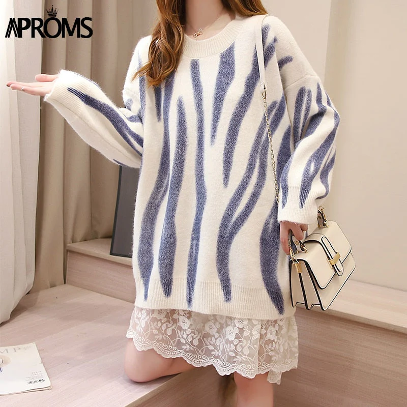 Christmas Gift Aproms Elegant Green Striped Print Oversized Pullovers Women Winter O-Neck Loose Long Sweaters Streetwear Warm Outerwear Deanwangkt - Deanwangkt