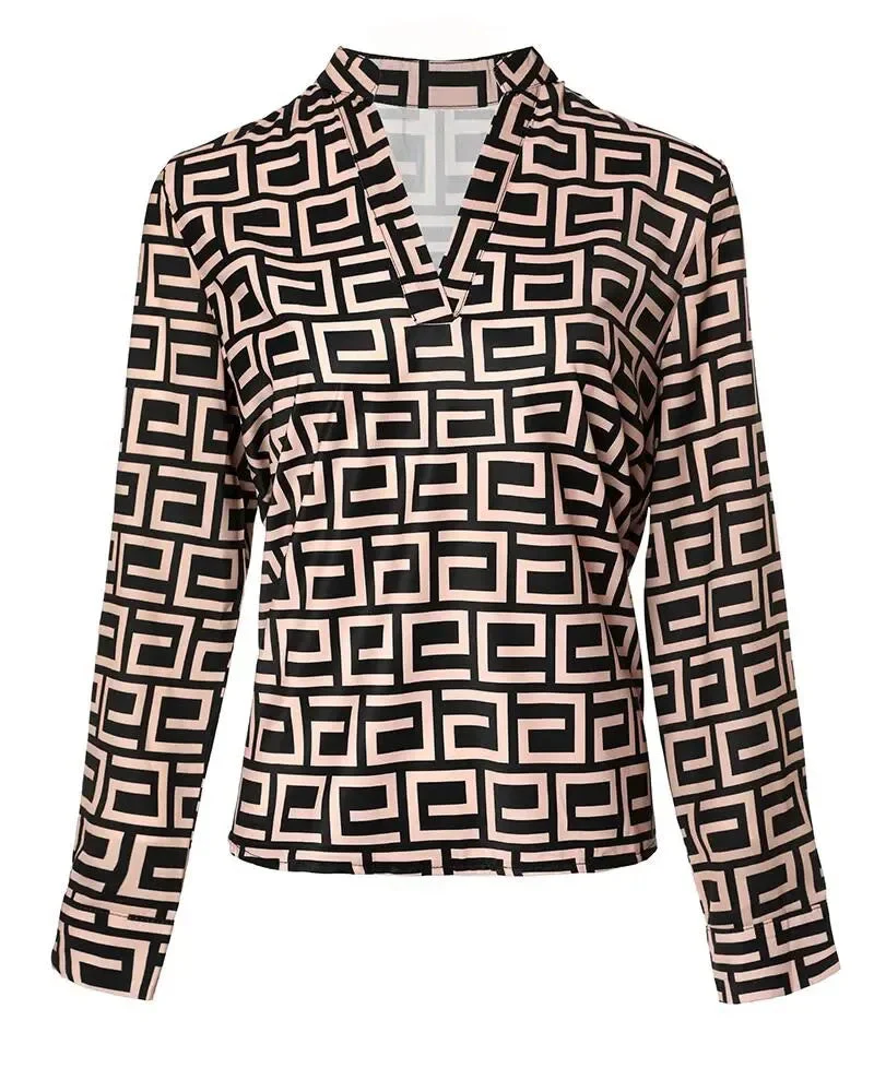Deanwangkt - Relaxed Geometric Print V-Neck Long Sleeve Top - Deanwangkt
