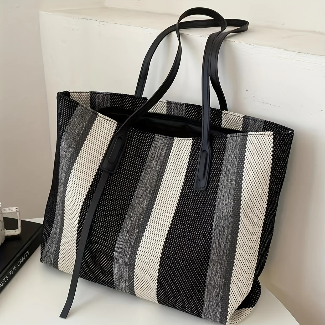 deanwangkt  Vertical Stripes Color Blocking Tote Bag, Stylish Large Capacity Shoulder Bag, Perfect Underarm Bag For Office, Travel And Work - Deanwangkt