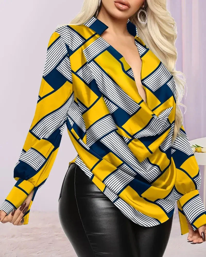 Deanwangkt - Geometric Print Cowl Neck Long Sleeve Top - Deanwangkt