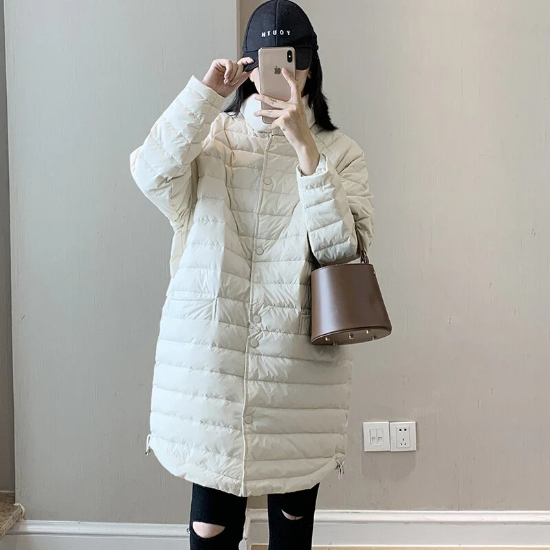 Black Friday Sales Ailegogo Casual Female Ultra Light White Duck Down Long Jacket Autumn Women Lightweight Loose Warm Down Parka Chic Outwear - Deanwangkt