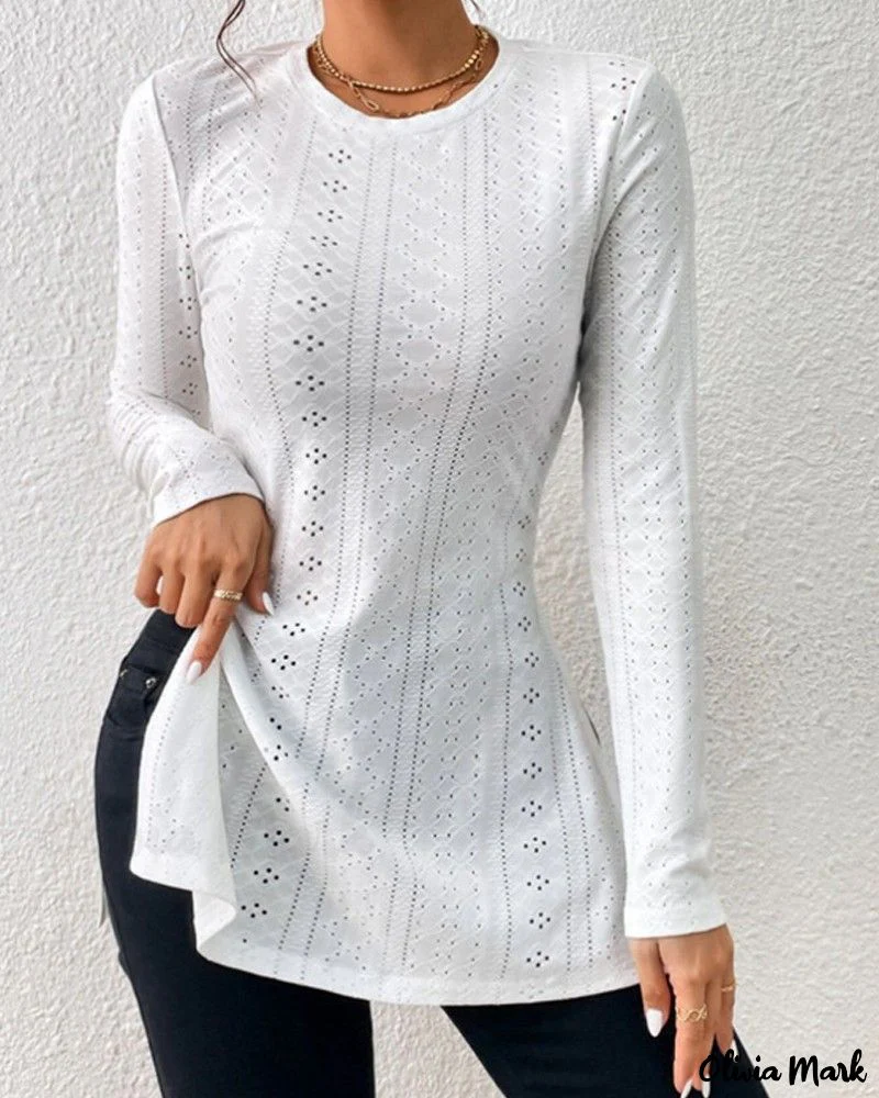 Deanwangkt - Womens Long Sleeve Eyelet Embroidery Slit Blouse - Deanwangkt