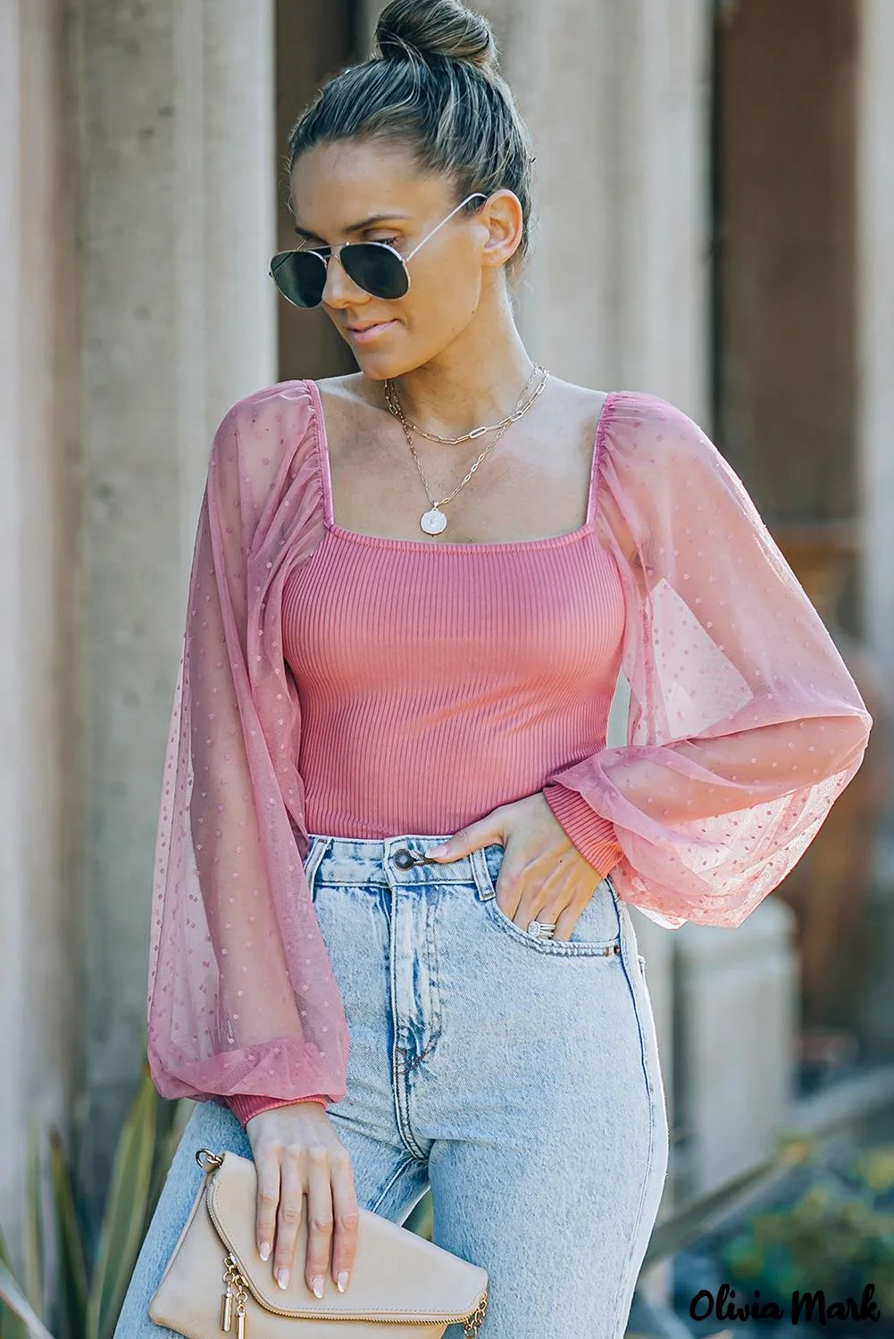 Deanwangkt - Pink Polka Dot Rib Knit Long Sleeve Blouse - Deanwangkt