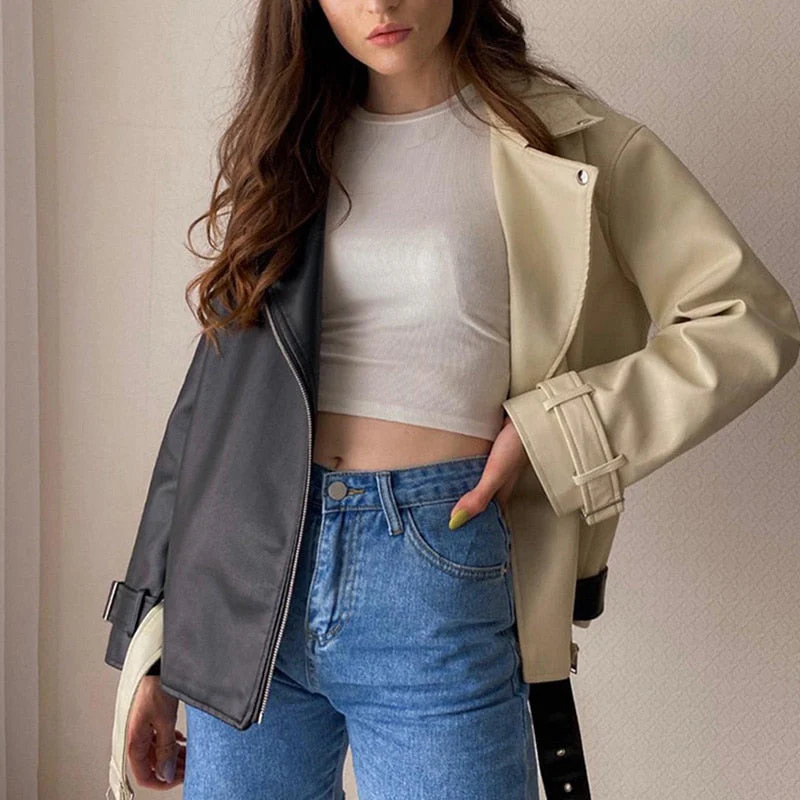 Black Friday Sales New Autumn Women Lapel Black Beige Splicing Pu Leather Jacket With Belt Moto Bike Soft Faux Leather Coat Loose Outwear - Deanwangkt