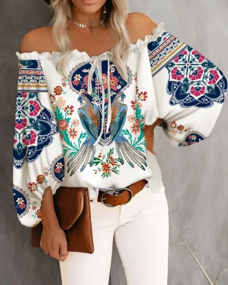 Deanwangkt - Vintage Tribal Print Off Shoulder Frill Hem Top - Deanwangkt