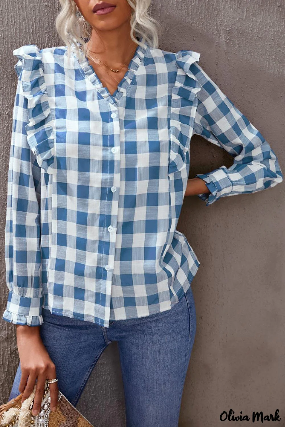 Deanwangkt - Sky blue checked ruffled button-down shirt - Deanwangkt