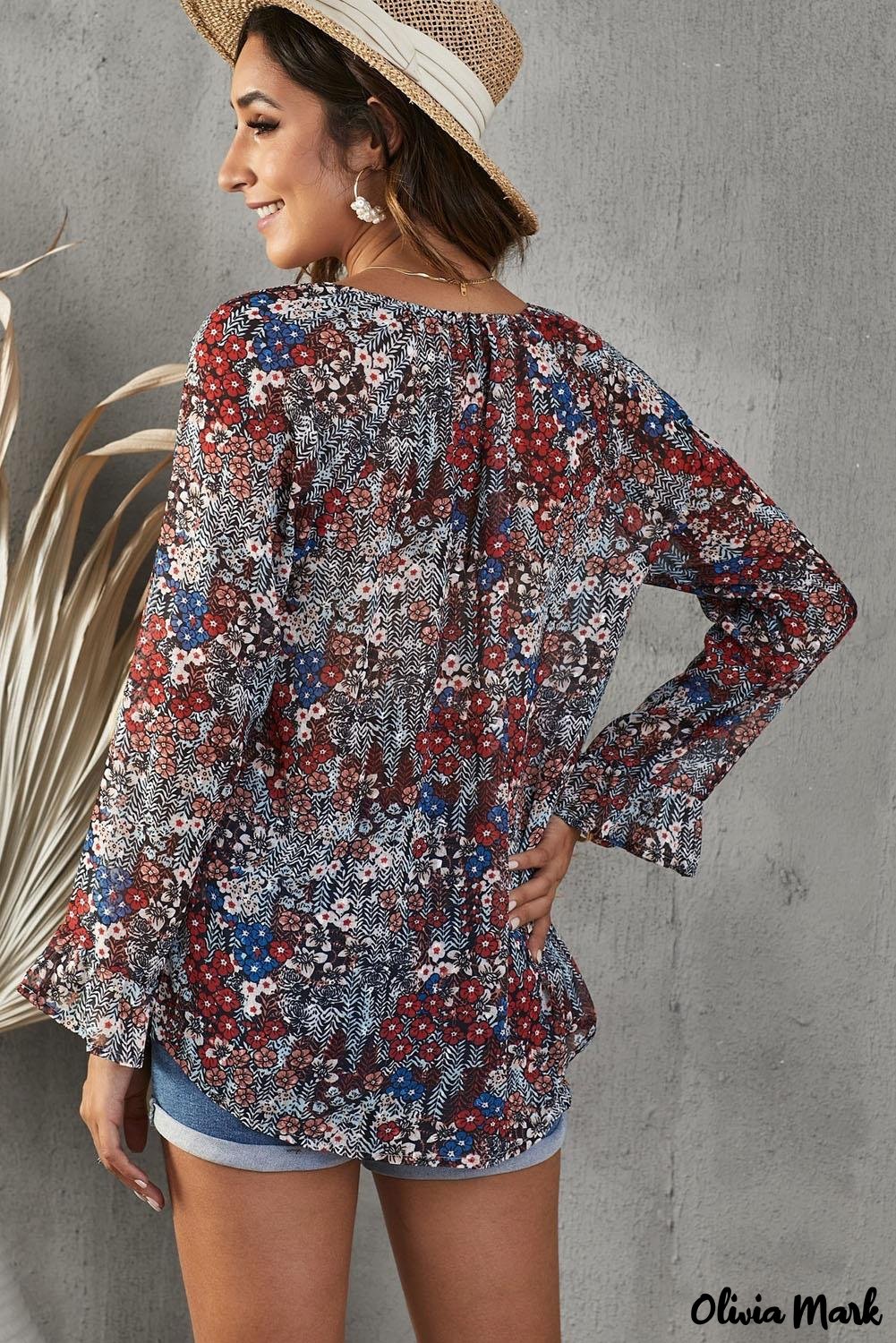 Deanwangkt - Multicolor Floral Print Drawstring Long Sleeve Blouse - Deanwangkt