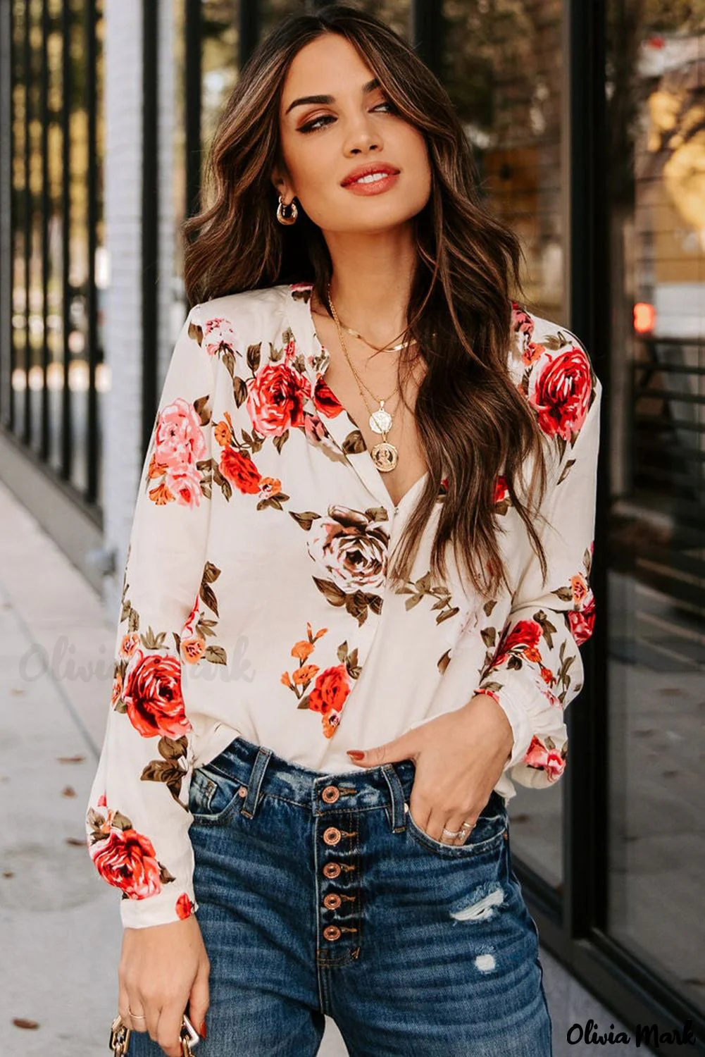 Deanwangkt - Beige Floral Print V-Neck Button Down Blouse - Deanwangkt