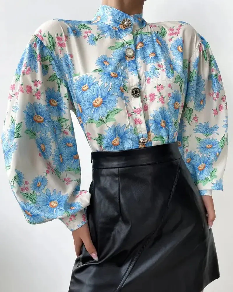 Deanwangkt - Floral Print Lantern Sleeve Button Up Top - Deanwangkt