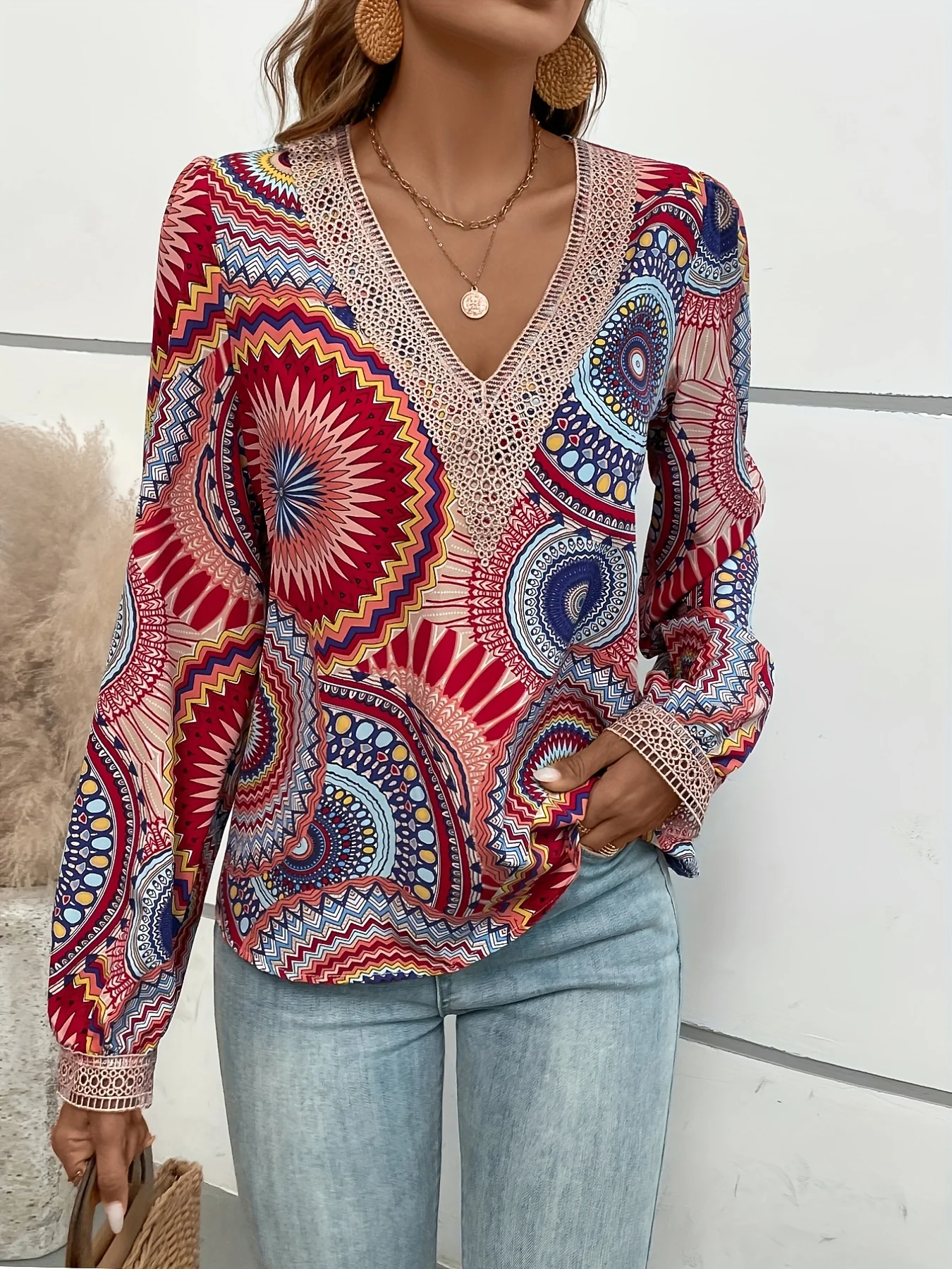 Mandala Floral Print Blouse, Boho Guipure Lace V Neck Long Sleeve Blouse, Women's Clothing - Deanwangkt