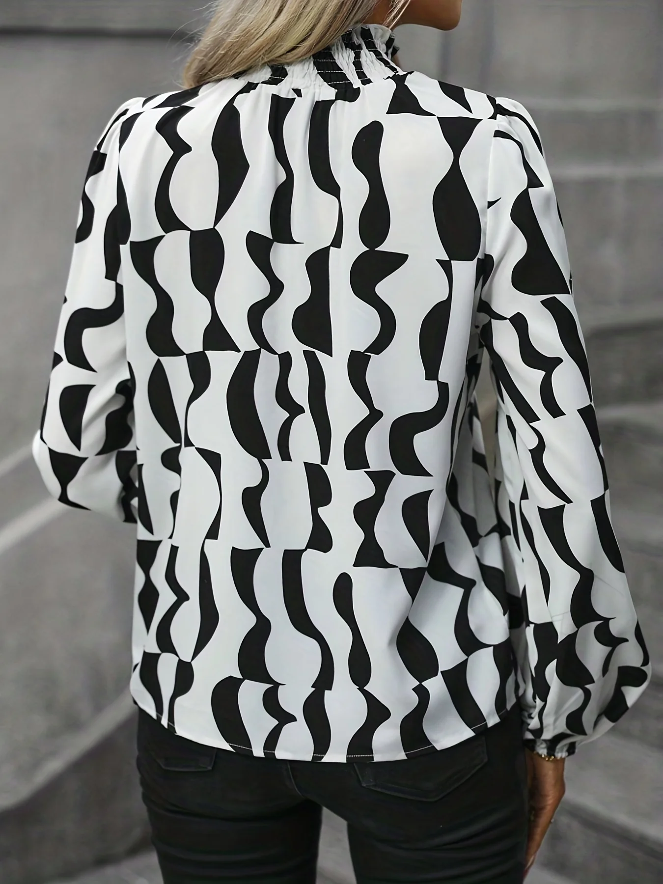 All Over Print Blouse, Elegant Long Sleeve Mock Neck Blouse, Women's Clothing - Deanwangkt