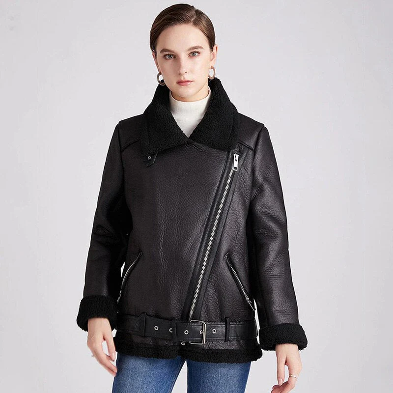 Black Friday Sales New Women Winter Lambs Wool Parkas Fur Collar Zipper Jacket Warm Thick Outerwear Faux Lamb Leather Coat Moto Outwear - Deanwangkt