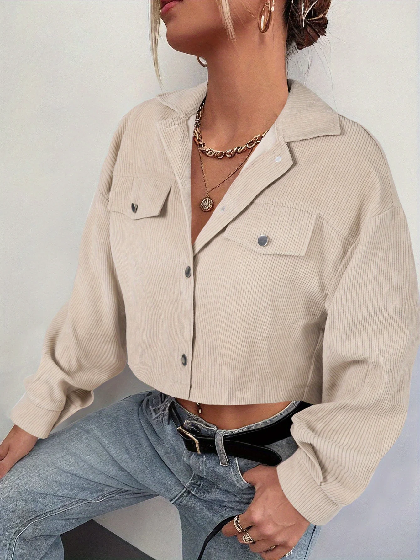 deanwangkt-1  Button Front Flap Pockets Crop Jacket, Casual Long Sleeve Jacket For Fall & Winter, Women's Clothing - Deanwangkt