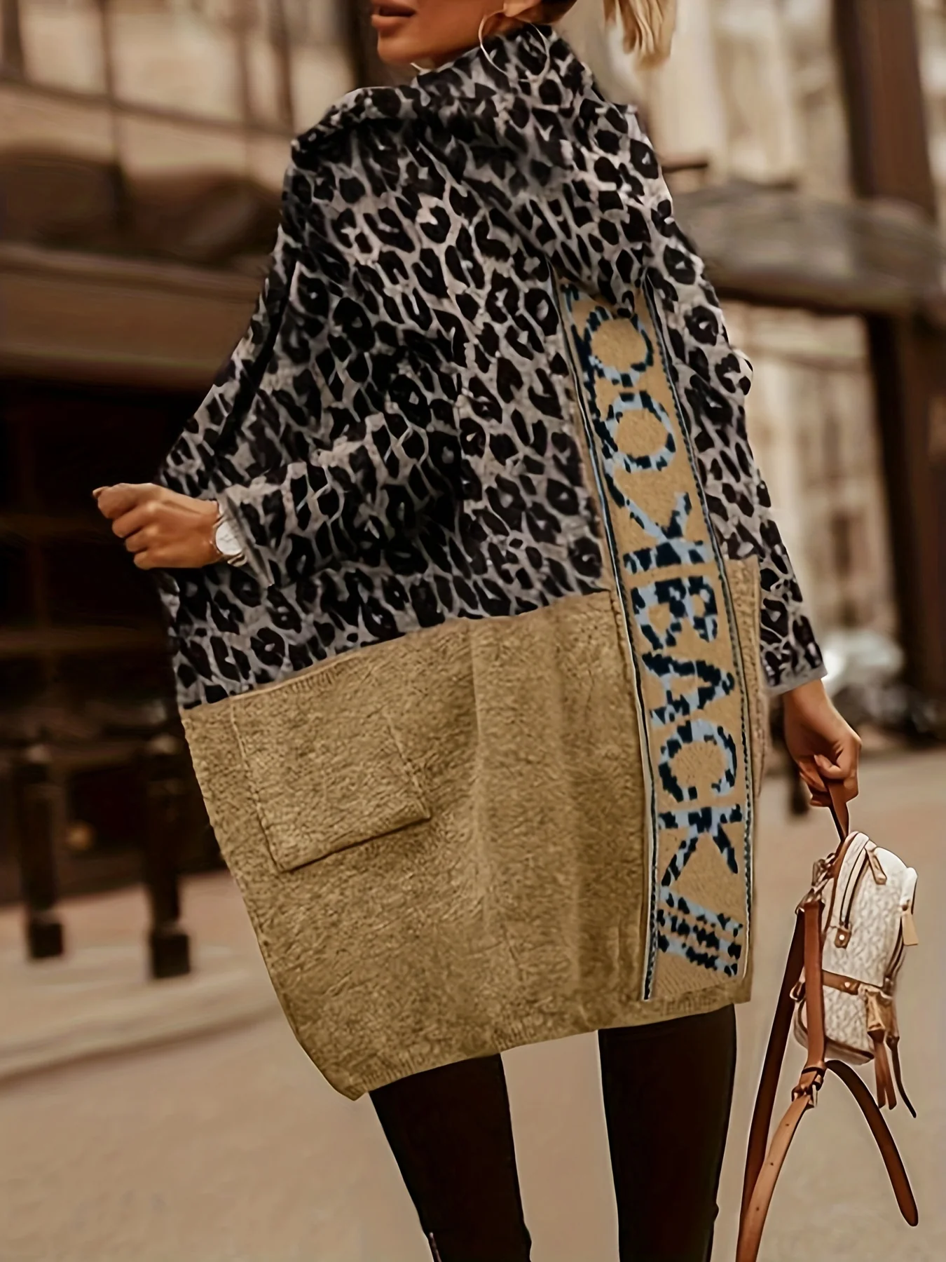 deanwangkt-1  Letter & Leopard Pattern Knit Hooded Cardigan, Casual Open Front Long Sleeve Outerwear With Pocket, Women's Clothing - Deanwangkt