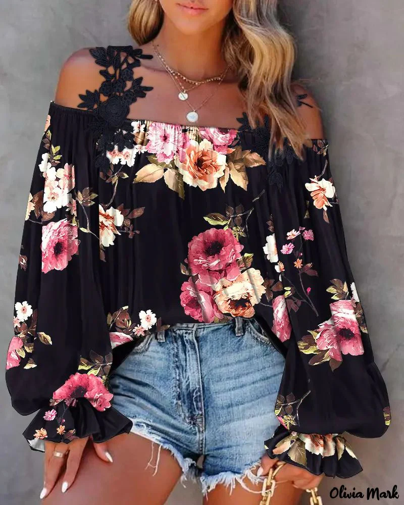 Deanwangkt - Floral Print Lace Patch Off Shoulder Top - Deanwangkt