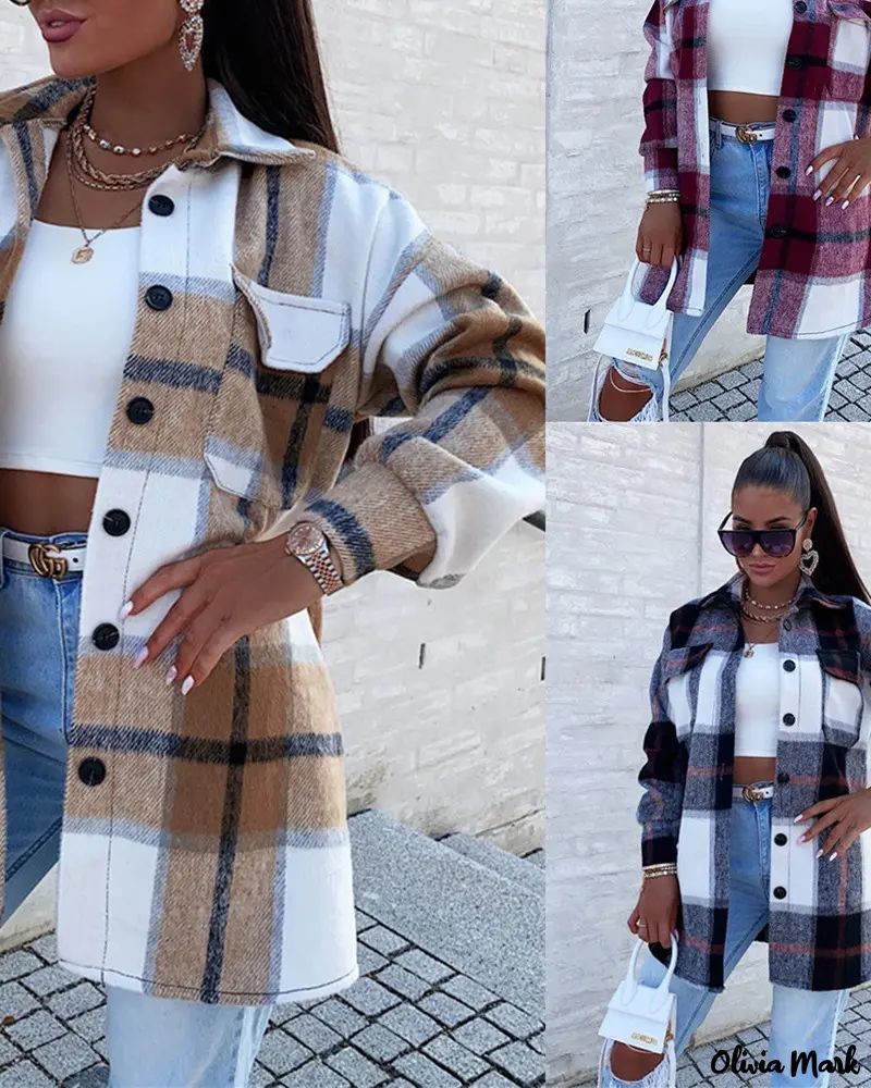 Deanwangkt - Plaid Print Pocket Button Pattern Long Sleeve Jacket - Deanwangkt