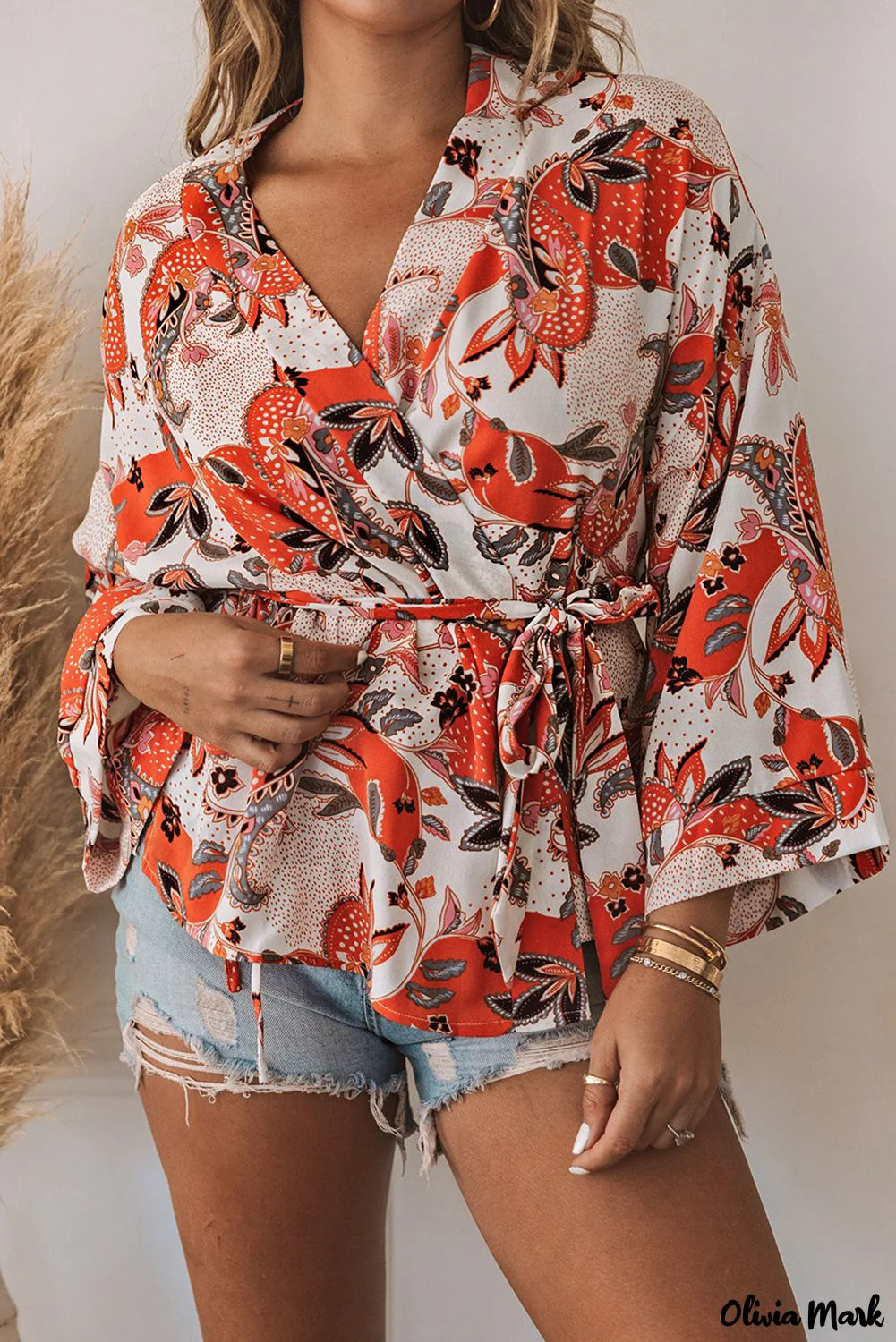 Deanwangkt - Orange floral wrap kimono blouse - Deanwangkt