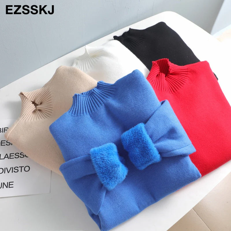 Christmas Gift Deanwangkt Autumn winter cashmere basic warm Sweater velvet Pullovers Women female fur thick Turtleneck sweater knit Jumpers top - Deanwangkt