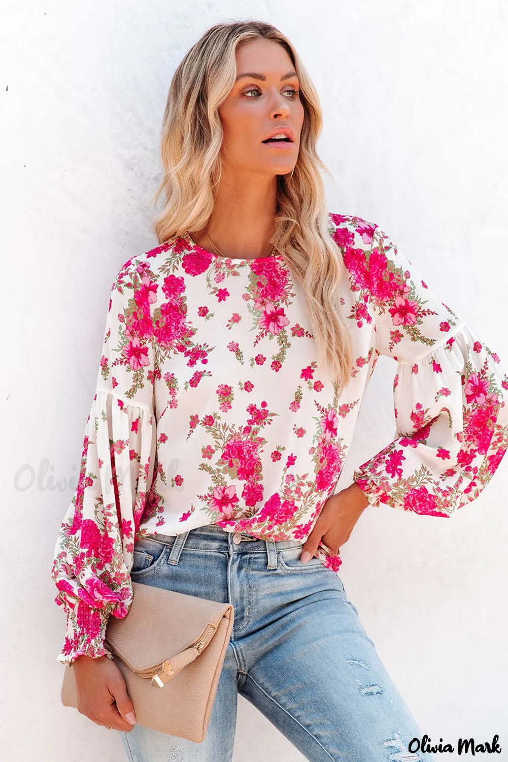 Deanwangkt - Pink floral blouse with round neck and bishop sleeves - Deanwangkt