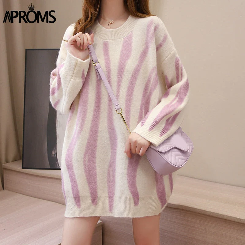 Christmas Gift Aproms Elegant Green Striped Print Oversized Pullovers Women Winter O-Neck Loose Long Sweaters Streetwear Warm Outerwear Deanwangkt - Deanwangkt