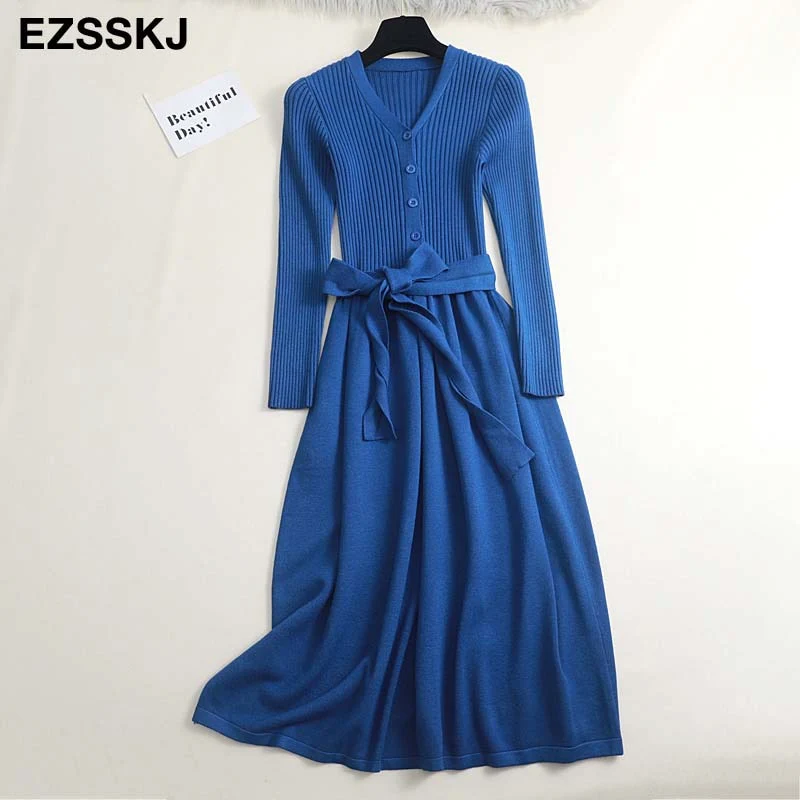 Christmas Gift Deanwangktautumn winter v-neck maxi sweater dress women OL female long sweater dress with belt elegant a-line solid slim dress - Deanwangkt