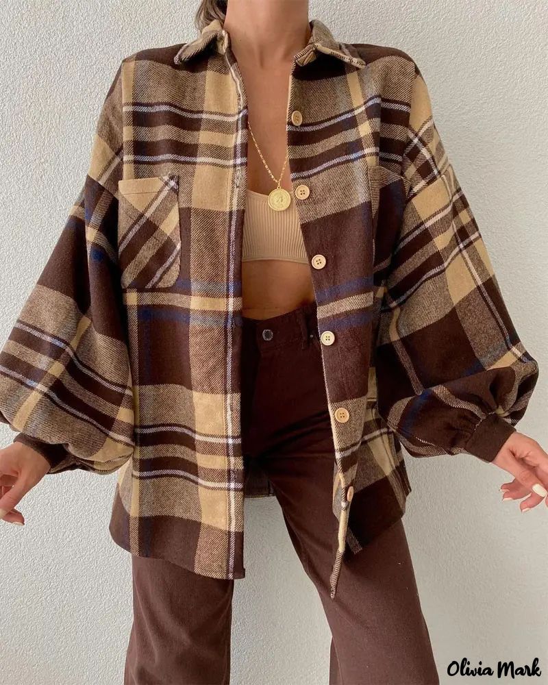 Deanwangkt - Plaid Print Lantern Sleeve Button-Up Jacket - Deanwangkt