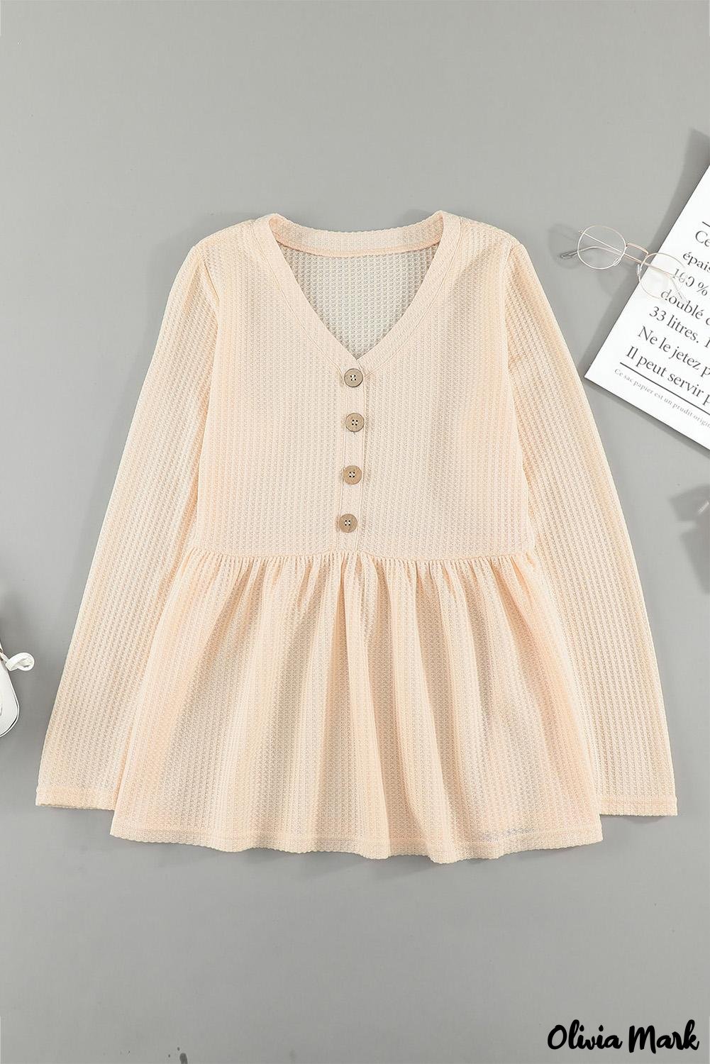 Deanwangkt - Waffle Knit Long Sleeve Buttoned V-Neck Top - Deanwangkt