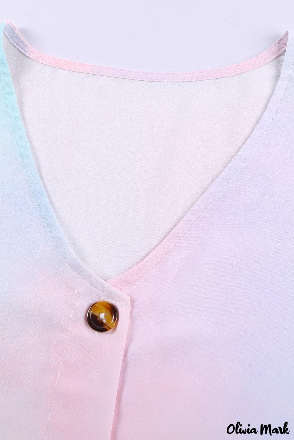 Deanwangkt - Blue Tie-Dye Long Sleeve V-Neck Blouse With Button Closure - Deanwangkt