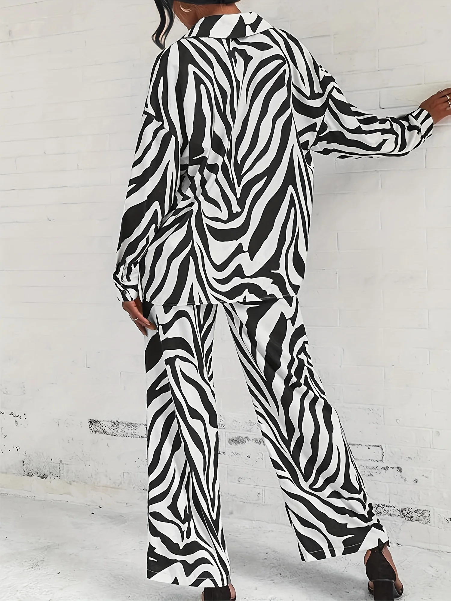 deanwangkt-1 Zebra Print Two-piece Set, Elegant Long Sleeve Button Shirt & Wide Leg Pants Outfits, Women's Clothing - Deanwangkt