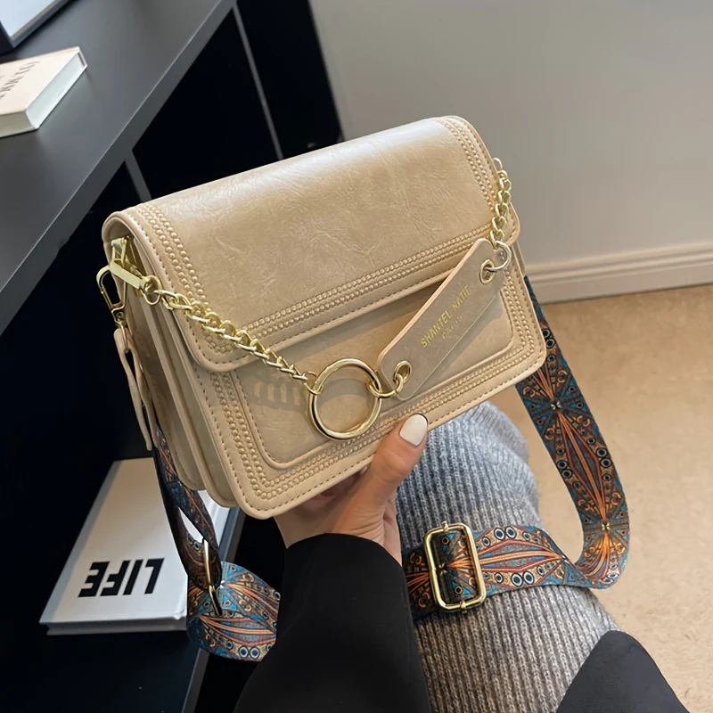 deanwangkt-1  Chain Decor Square Crossbody Bag, Small Stitch Detail Flap Purse, Women's Faux Leather Shoulder Bag - Deanwangkt