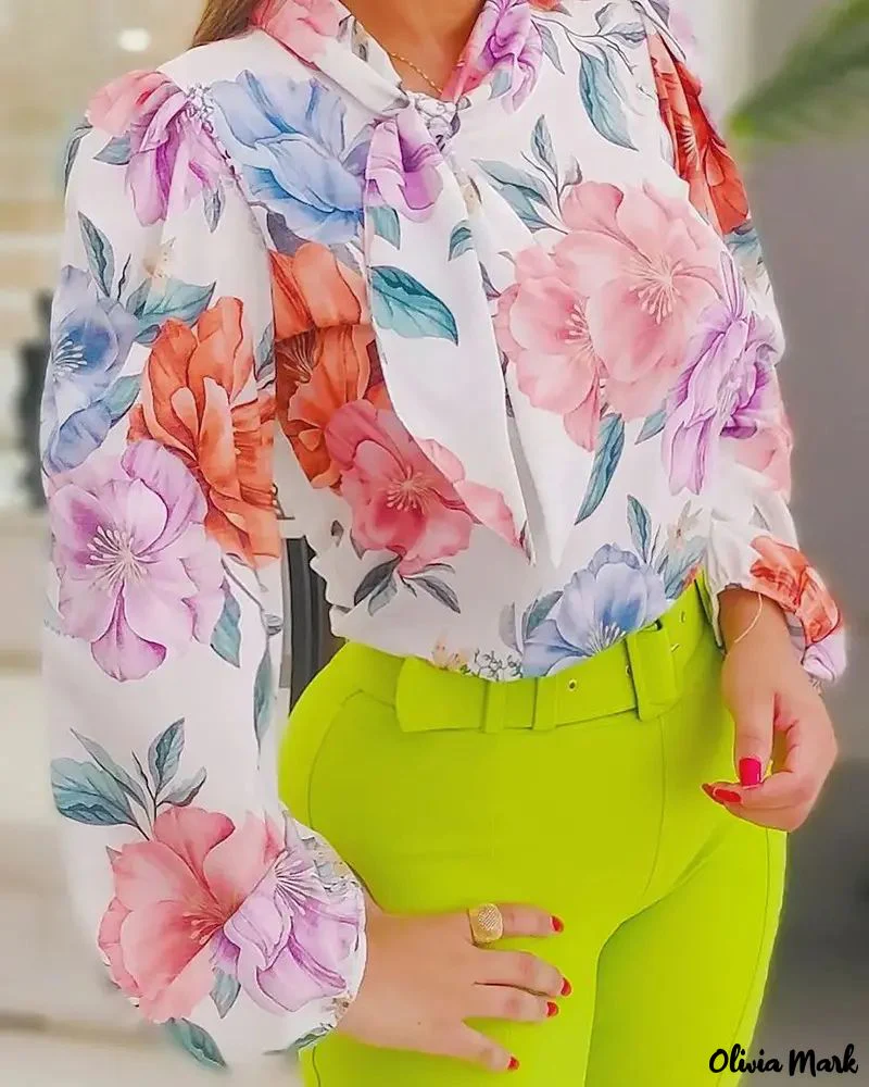 Deanwangkt - Floral Print Tie-Neck Lantern Sleeve Top - Deanwangkt
