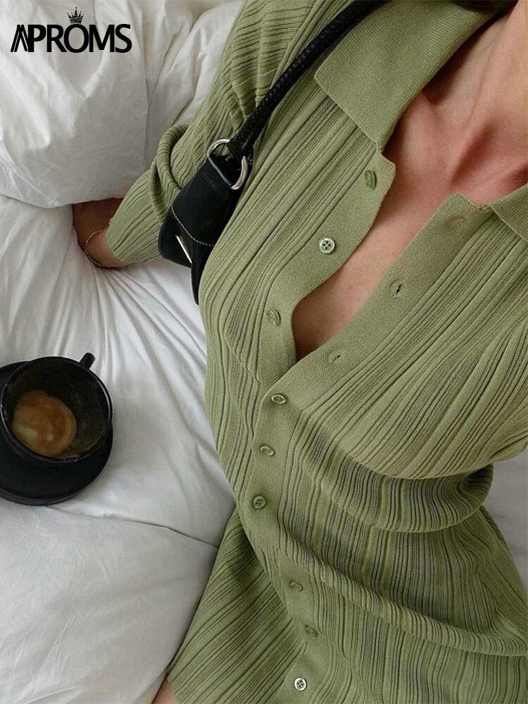 Christmas Gift Aproms Elegant Green Thick Ribbed Knitted Shirt Dress Women Deanwangkt Winter Buttons Long Sleeve Stretch Bodycon Short Mini Dresses - Deanwangkt