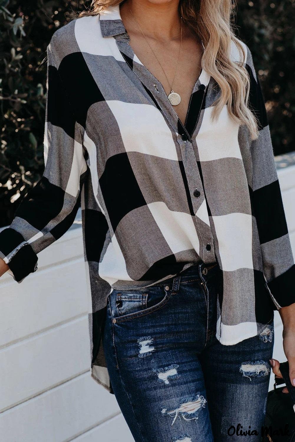 Deanwangkt - Black Plaid Turndown Collar Button Down Blouse with High/Low Hem - Deanwangkt