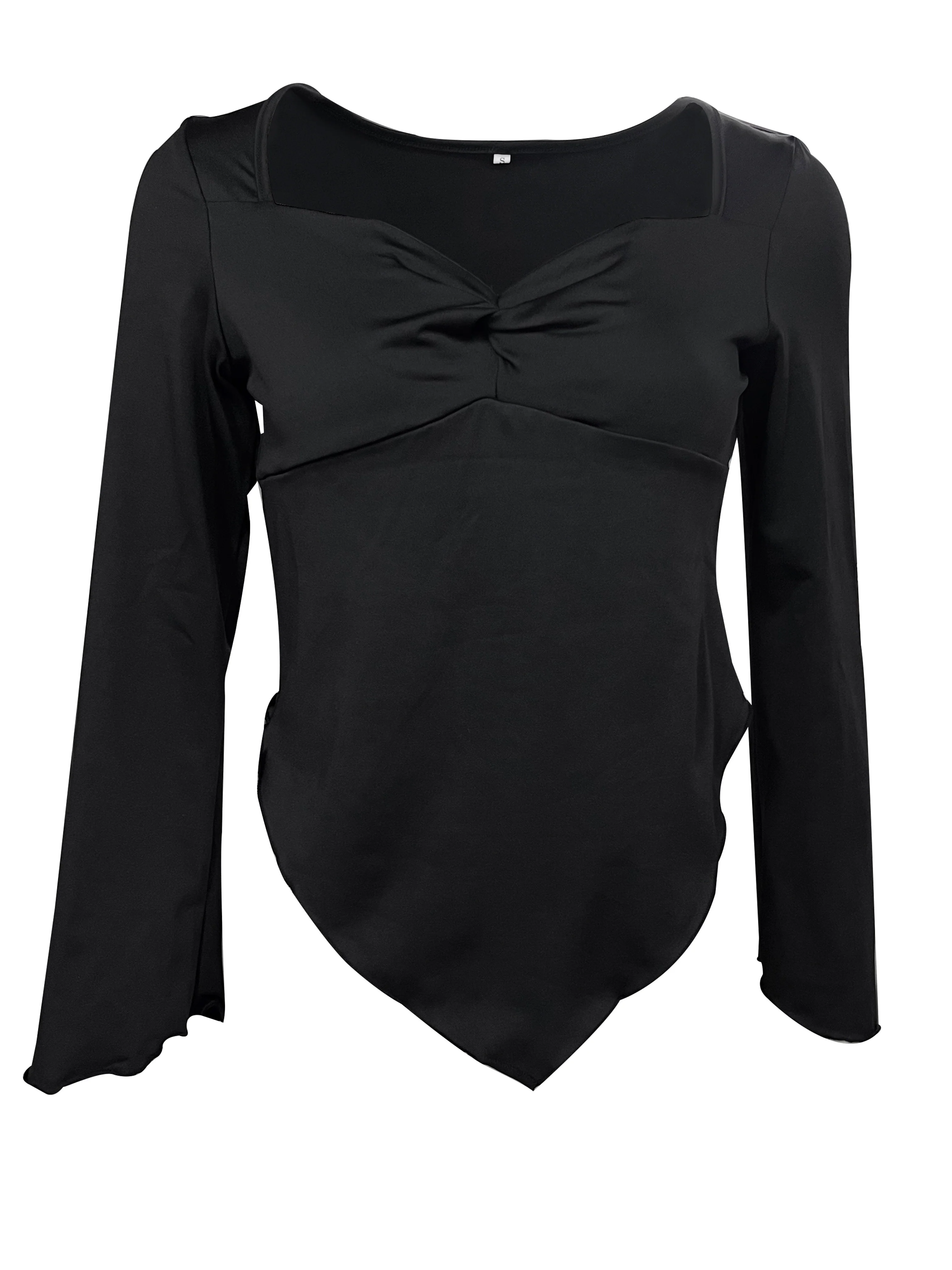 deanwangkt-1  Hanky Hem Twist Front Top, Elegant Flare Sleeve T-Shirt For Spring & Fall, Women's Clothing - Deanwangkt