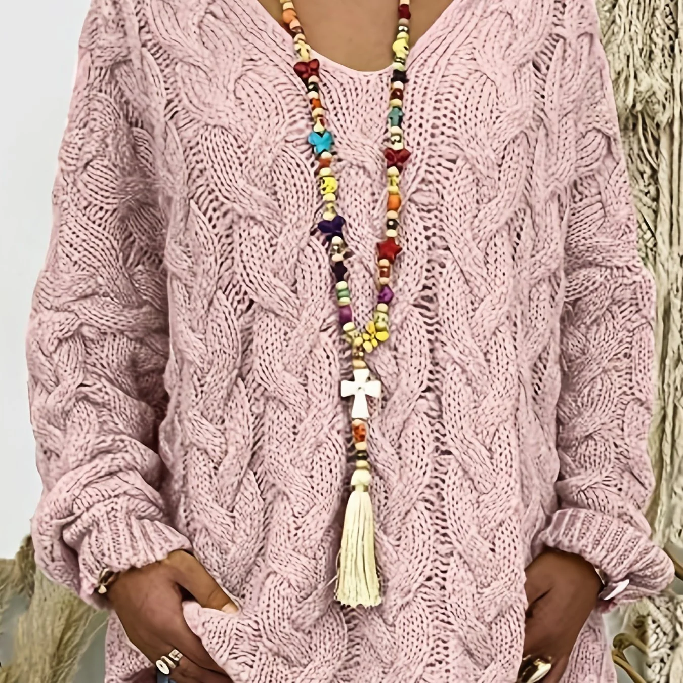 deanwangkt-1  Solid Oversize Knit Pullover Hooded Sweaters, Casual V Neck Sweater For Fall & Winter, Women's Clothing - Deanwangkt