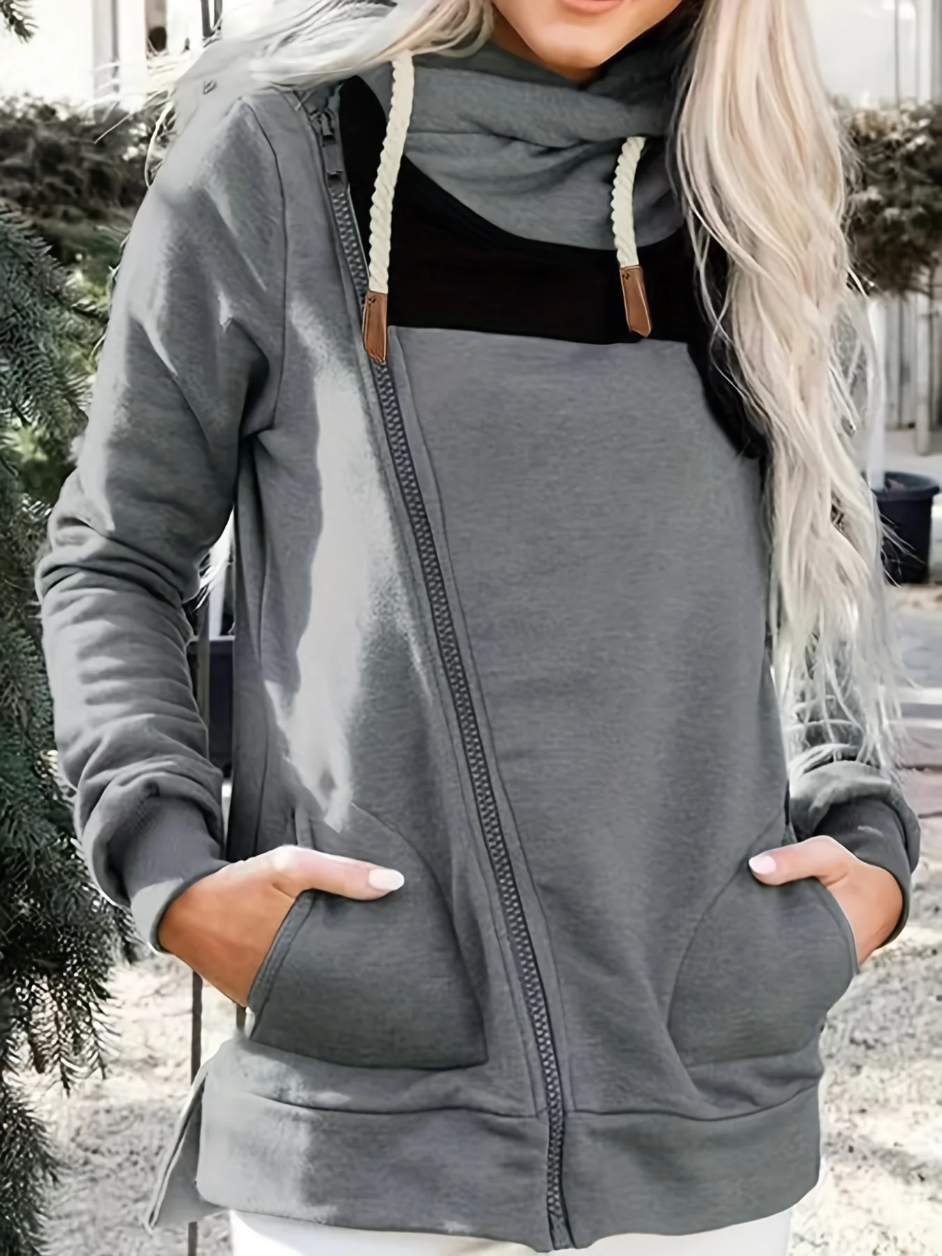 Plus Size Casual Sweatshirt, Women's Plus Colorblock Long Sleeve Zipper Drawstring Hooded Pocketed Pullover Sweatshirt, Casual Tops For Fall & Winter, Women's Clothing - Deanwangkt