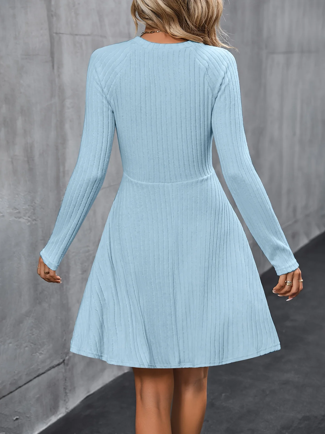 deanwangk Solid Ribbed Dress, Elegant Crew Neck Long Sleeve Dress, Women's Clothing - Deanwangkt